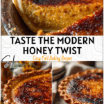 Golden burnt honey pie with a glossy top and flaky crust styled on rustic wooden table for a Modern Honey Harvest Pie look.